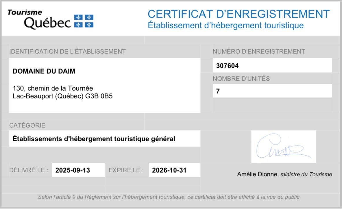 Certificat d’enregistrement touristique du Domaine du Daim